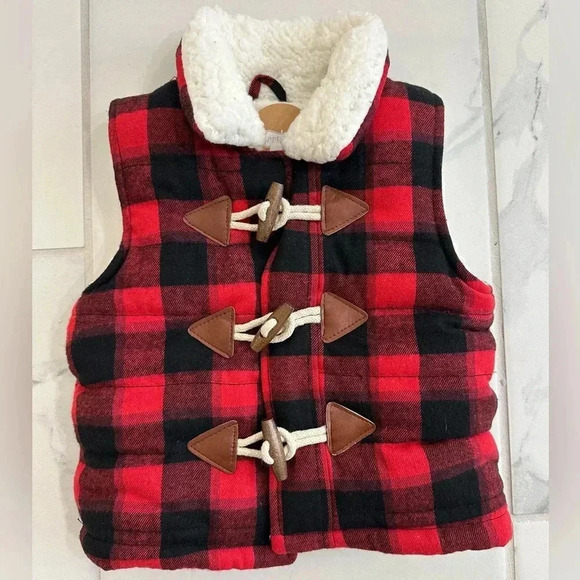 NWT Kids/Toddler Mud Pie Plaid Vest Sherpa Lined 12/18 Month Red/black - Picture 1 of 6